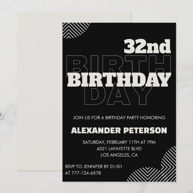 Black 32nd birthday invitations Men Party (Front/Back)
