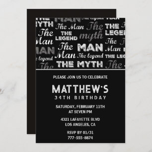 Black 34th birthday invitation for him Myth Legend