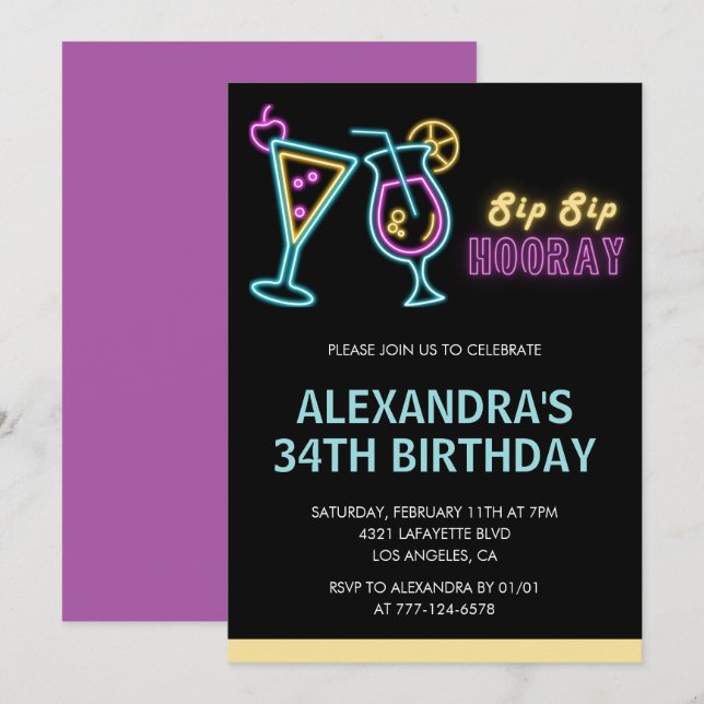 Black 34th birthday invitations Cocktail Neon Glow (Front/Back)