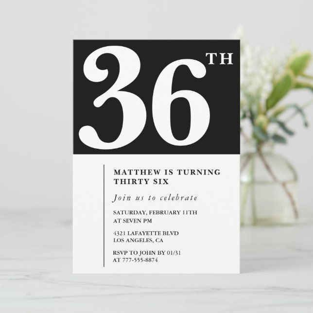 Black 36th birthday invitation Elegant Chic Simple (Standing Front)