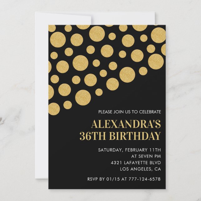 Black 36th birthday invitations Gold Confetti (Front)