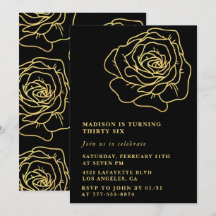 Black 36th birthday invitations Gold Floral