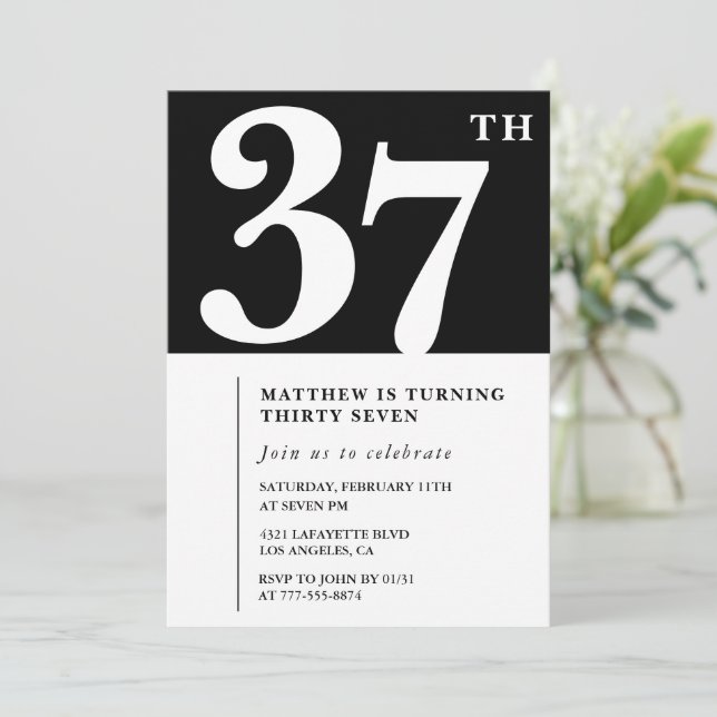 Black 37th birthday invitation Elegant Chic Simple (Standing Front)