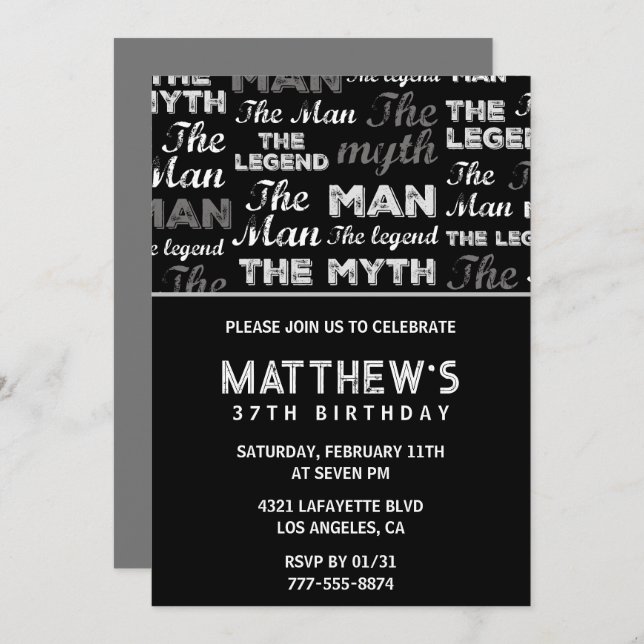 Black 37th birthday invitation for him Myth Legend (Front/Back)