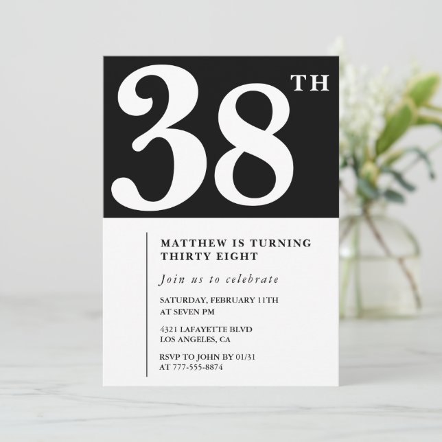 Black 38th birthday invitation Elegant Chic Simple (Standing Front)