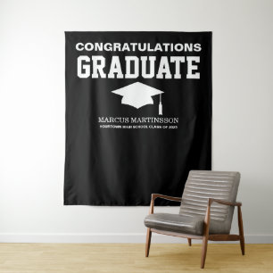  Black 3 Photo Graduation Announcement Backdrop Tapestry