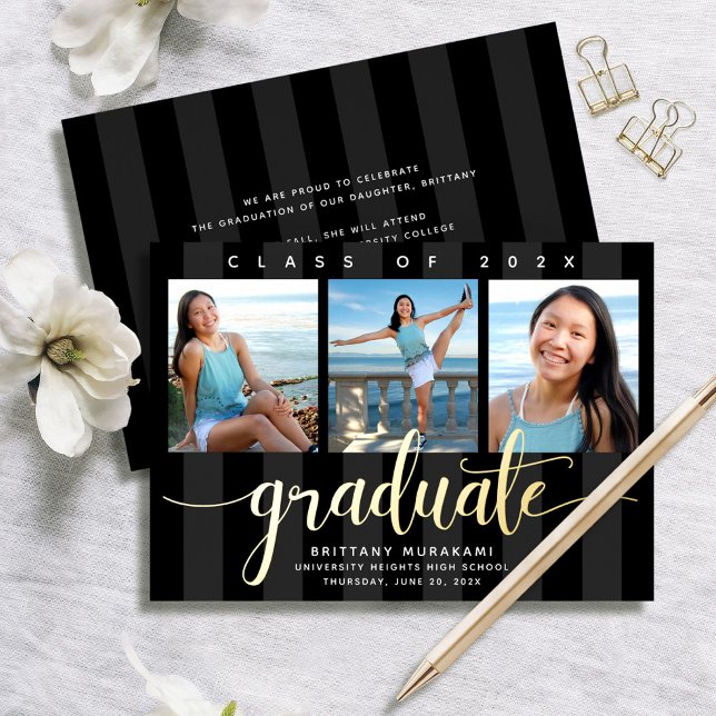 Black 3 photo graduation modern script real gold (Creator Uploaded)