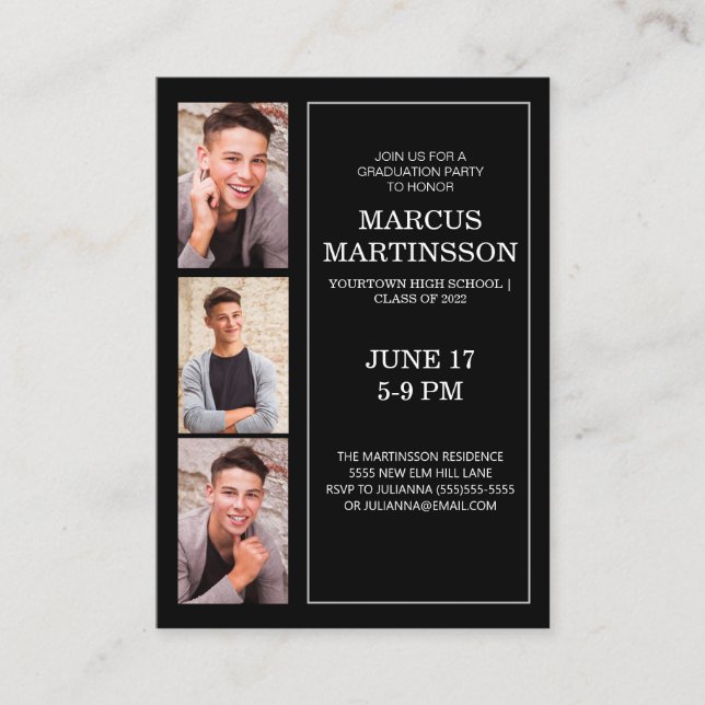 Black 3 Photo Modern Graduation Party   Enclosure Card (Front)