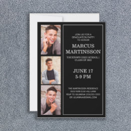 Black 3 Photo Modern Graduation Party Invitation