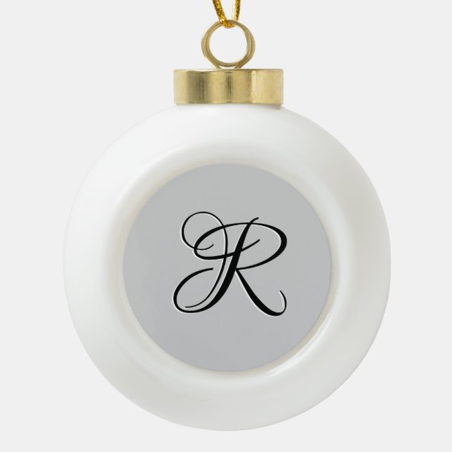 Black 3D Calligraphy Initial Letter | Pastel Grey Ceramic Ball Christmas Ornament (Front)
