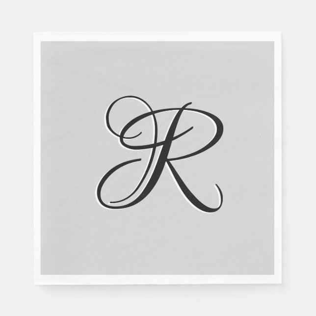 Black 3D Calligraphy Initial Letter | Pastel Grey Napkin (Front)
