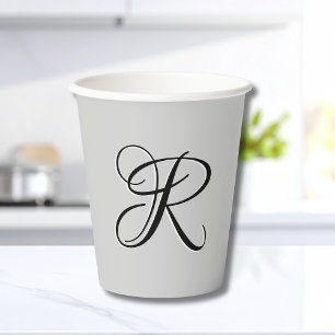 Black 3D Calligraphy Initial Letter Pastel Grey Paper Cups