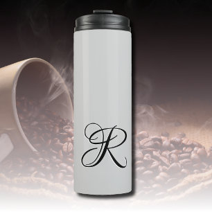 Black 3D Calligraphy Initial Letter Pastel Grey Thermal Tumbler