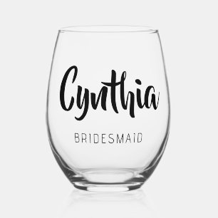 Black 3D Modern Name Bridesmaid Stemless Wine Glass