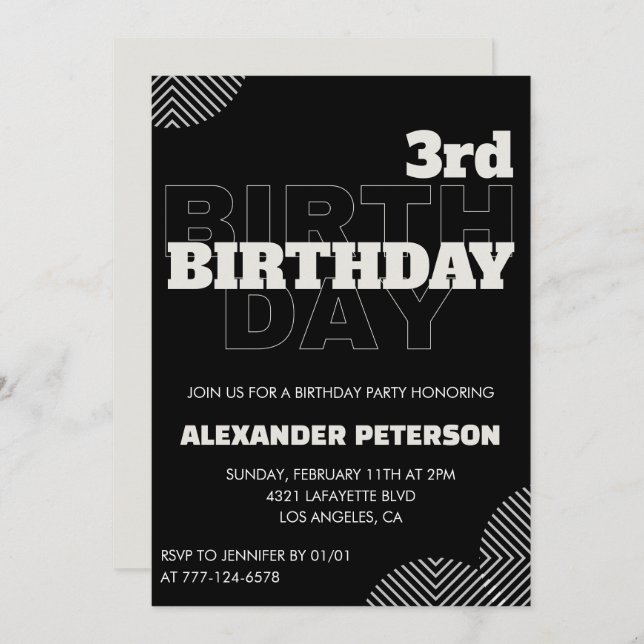 Black 3rd birthday invitations Party Boy (Front/Back)