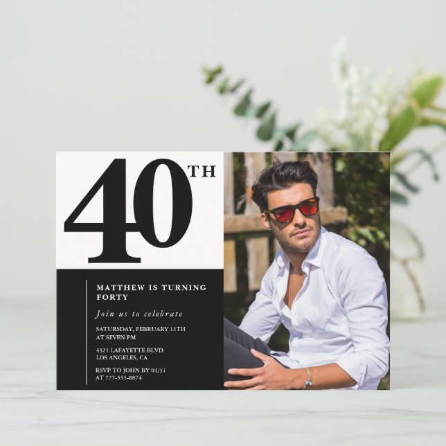Black 40th birthday invitations Elegant Chic (Standing Front)