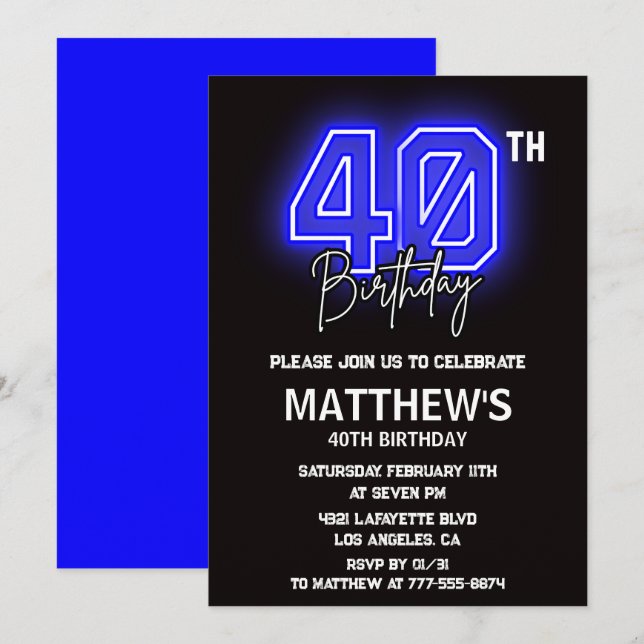 Black 40th birthday invitations Men Sport Neon (Front/Back)