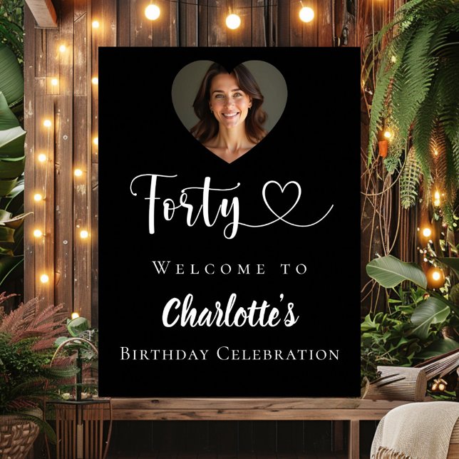 Black 40th birthday party photo heart welcome poster (Creator Uploaded)