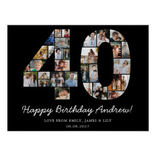 Black 40th Birthday Photo Collage Keepsake Gift Poster