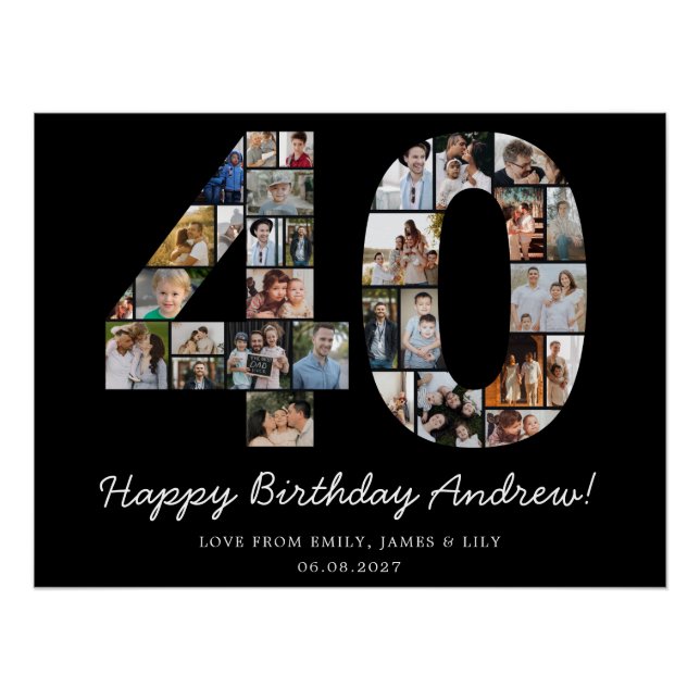 Black 40th Birthday Photo Collage Keepsake Gift Poster (Front)