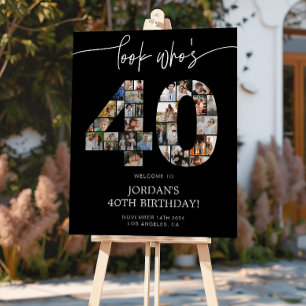 Black 40th Birthday Photo Collage Welcome Sign