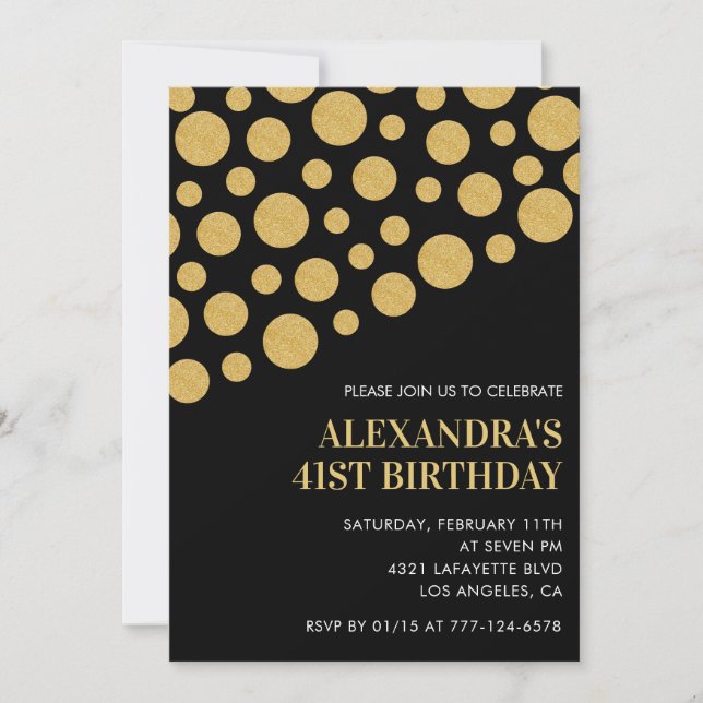 Black 41st birthday invitations Gold Confetti (Front)