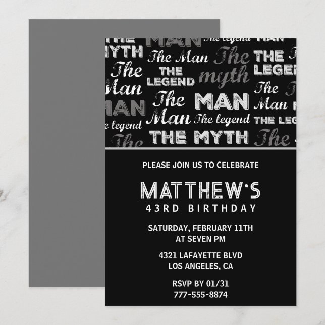 Black 43rd birthday invitation for him Myth Legend (Front/Back)