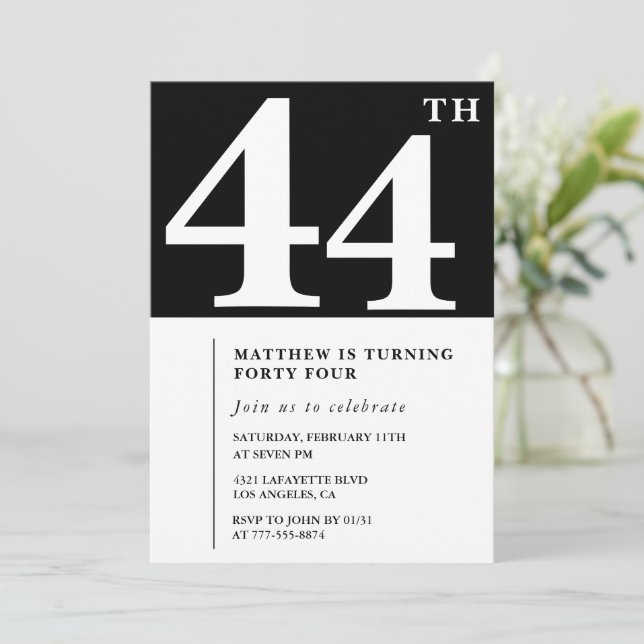 Black 44th birthday invitation Elegant Chic Simple (Standing Front)