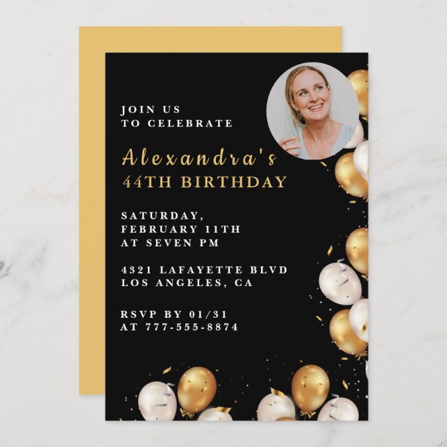 Black 44th birthday invitation Gold Balloon Photo  (Front/Back)