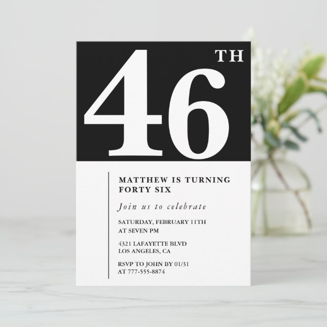 Black 46th birthday invitation Elegant Chic Simple (Standing Front)