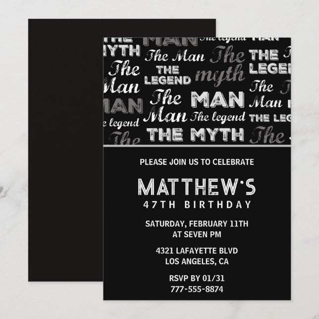 Black 47th birthday invitation for him Myth Legend (Front/Back)