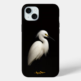 Black 4 Luxe, Elegant Snowy Egret iPhone 15 Mini Case