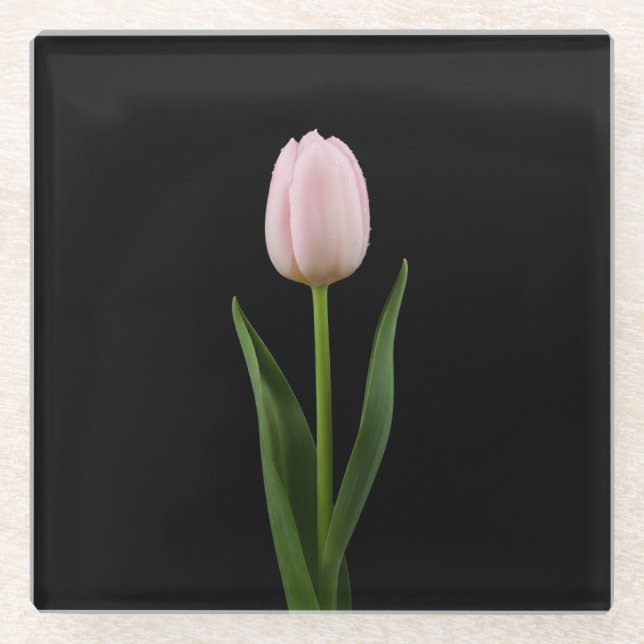 Black 4 Luxe Glass coaster, Blush Pink Tulip Glass Coaster (Front)