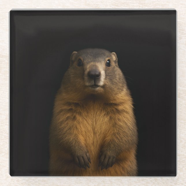 Black 4 Luxe Glass coaster, Fluffy Marmot Glass Coaster (Front)