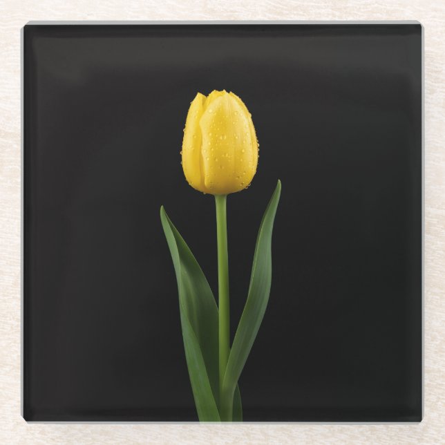 Black 4 Luxe Glass coaster, Golden Yellow Tulip Coaster (Front)