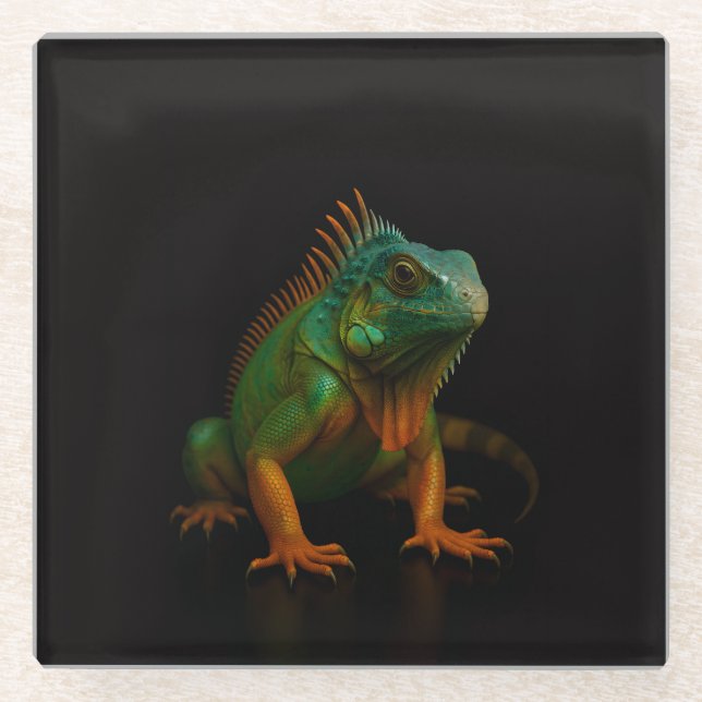Black 4 Luxe Glass coaster, Green Iguana Coaster (Front)