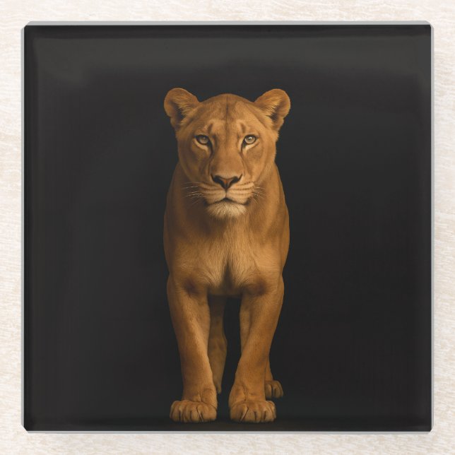 Black 4 Luxe Glass coaster, Noble Lioness Glass Coaster (Front)