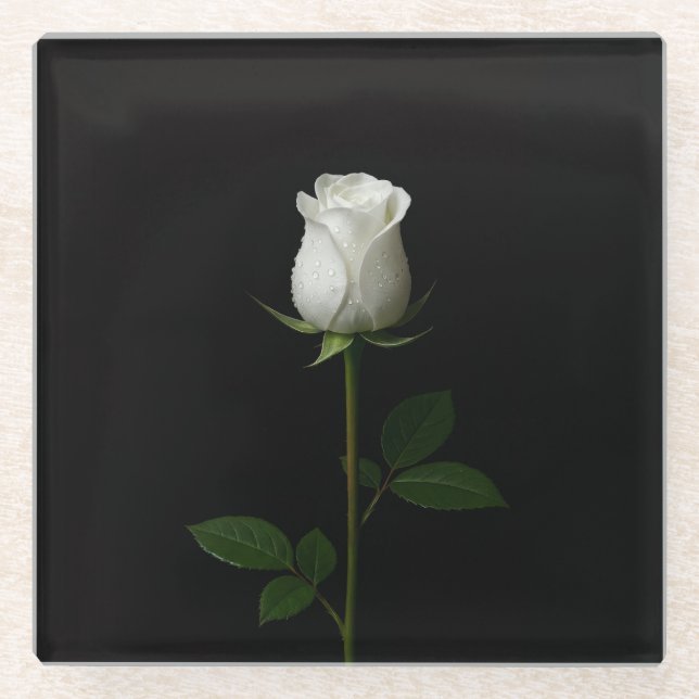 Black 4 Luxe Glass coaster, Pure White Rose Coaster (Front)