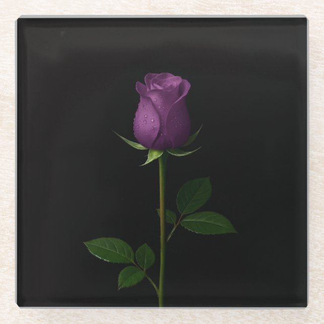 Black 4 Luxe Glass coaster, Royal Violet Rose Glass Coaster (Front)