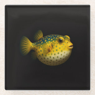 Black 4 Luxe Glass coaster, Yellow Pufferfish Coaster