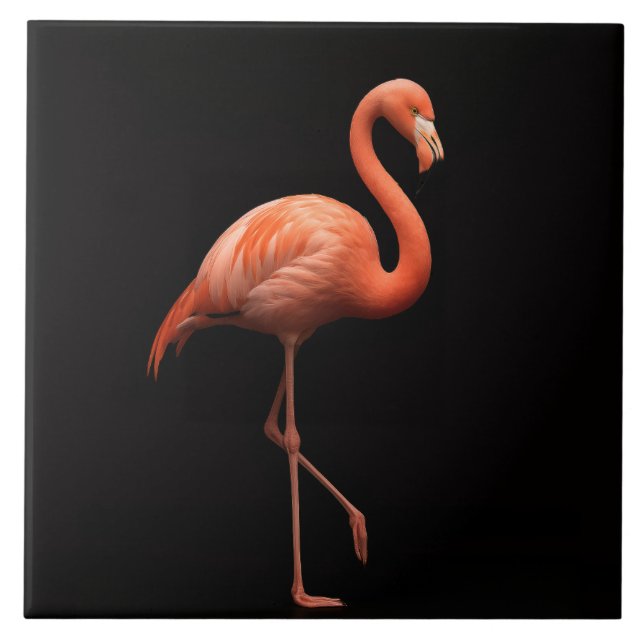 Black 4 Luxe Tile with Pink Flamingo Tropical Bird (Front)