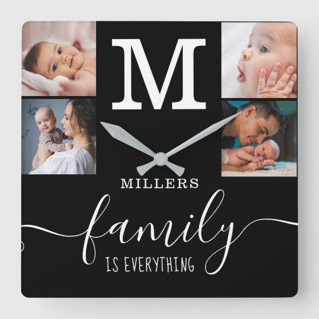 Black 4 Photo Collage Family Name Quote Monogram Square Wall Clock (Front)