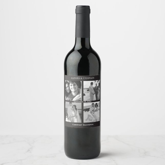 Black 4 Photo Collage Wedding Wine Label (Front)