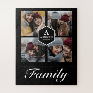 Black 4 Pictures Family Photo Collage Name Jigsaw Puzzle