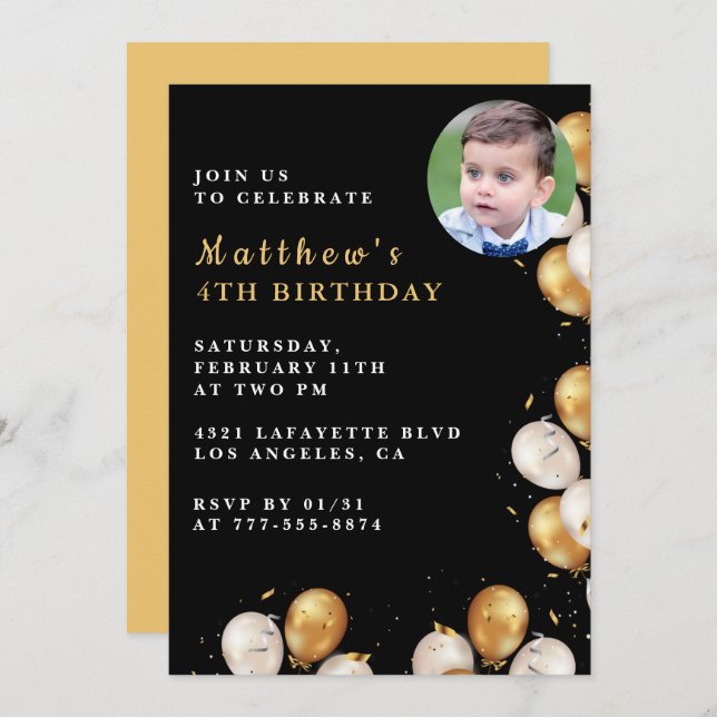 Black 4th birthday invitation Gold Balloon Photo  (Front/Back)