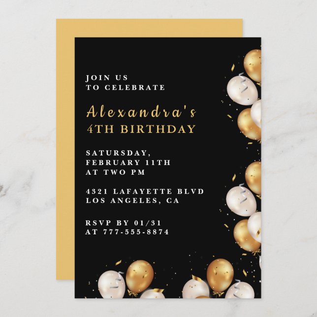 Black 4th birthday invitations Gold Balloon  (Front/Back)