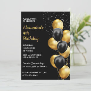 Black 4th birthday invitations Gold Glitter Glam 