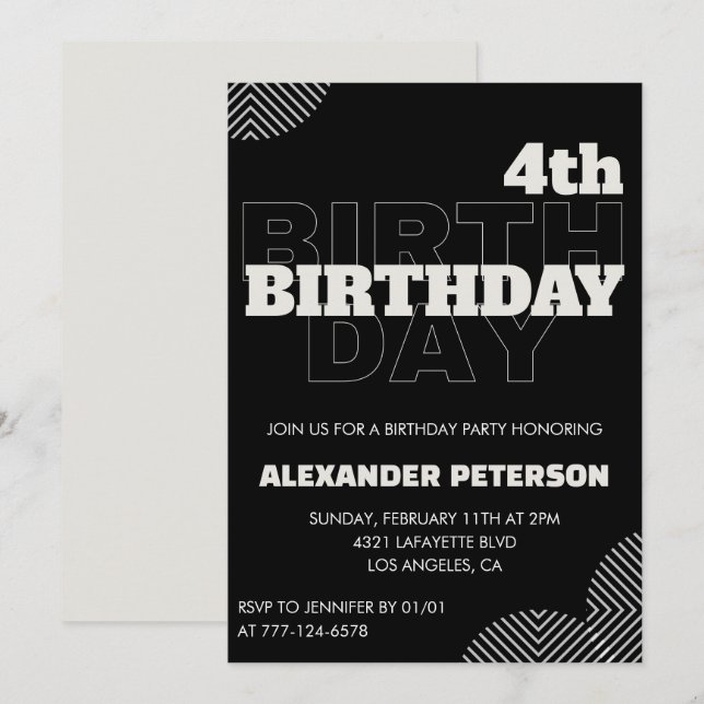 Black 4th birthday invitations Party Boy (Front/Back)
