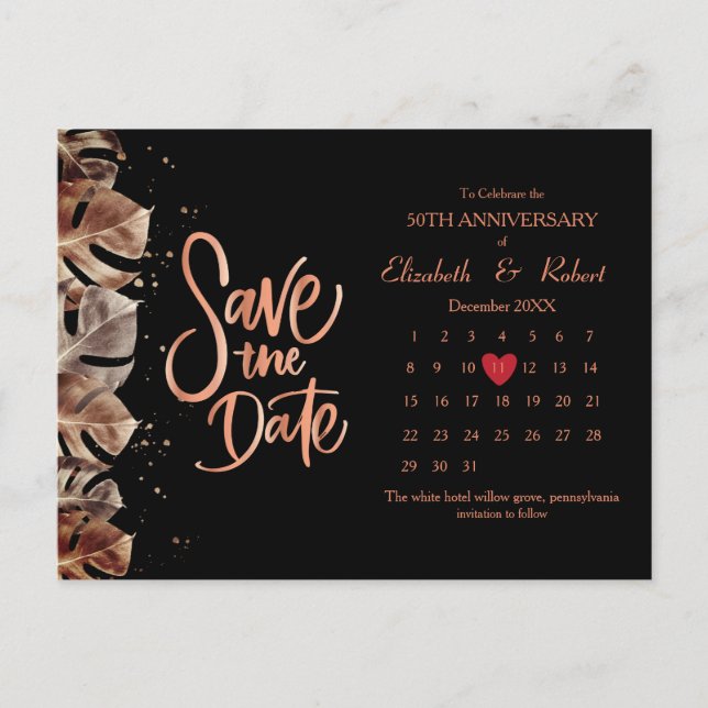 Black 50th Anniversary Luxury The Date Calendar Announcement Postcard (Front)