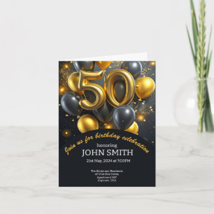 Black 50th birthday golden balloons glittering  invitation